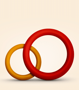 Deux cercles colorés entrelacés sur fond beige.