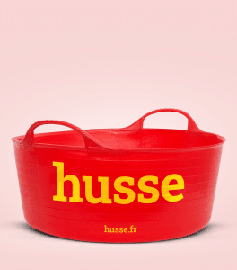 Panier rouge avec logo et site web Husse.