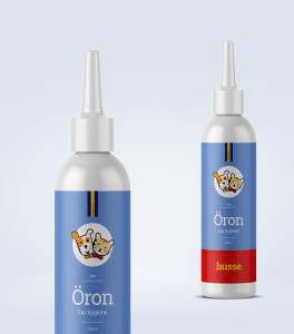 Flacon de produit pour l'hygiène des oreilles des animaux.